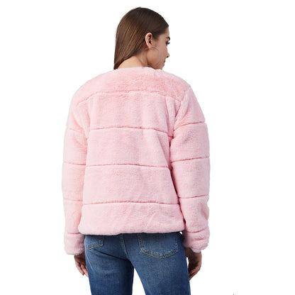 Women's Pink Faux Fur Open Jacket