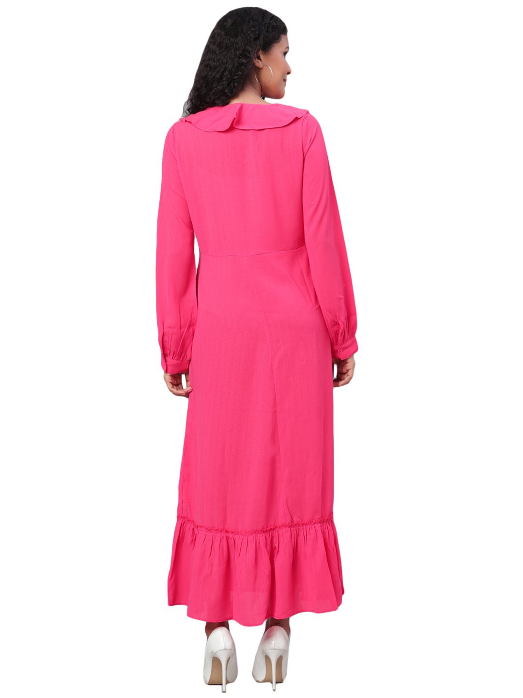 Women's Pink Solid Full Sleeve Polyester V Neck Casual Dress