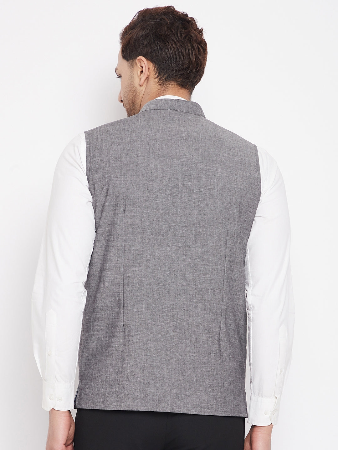 Men's Grey Color Nehru Jacket-Contrast Lining-Free Pocket Square