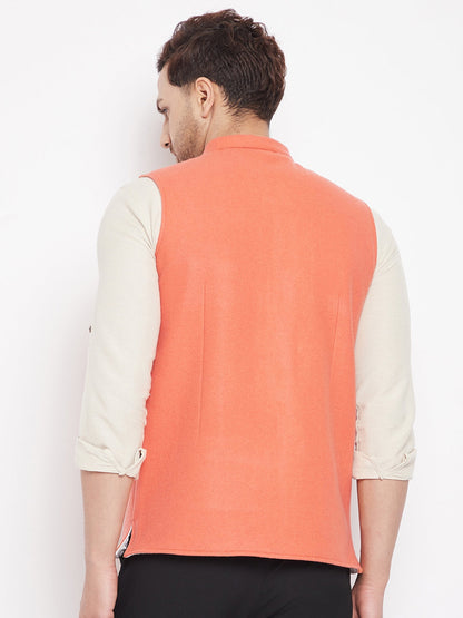 Men's Orange Color Woven Nehru Jacket