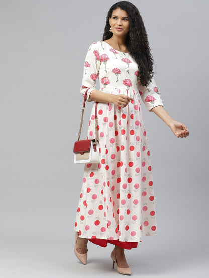 Women's Off White Stylish Print Cotton Anarkali Kurta