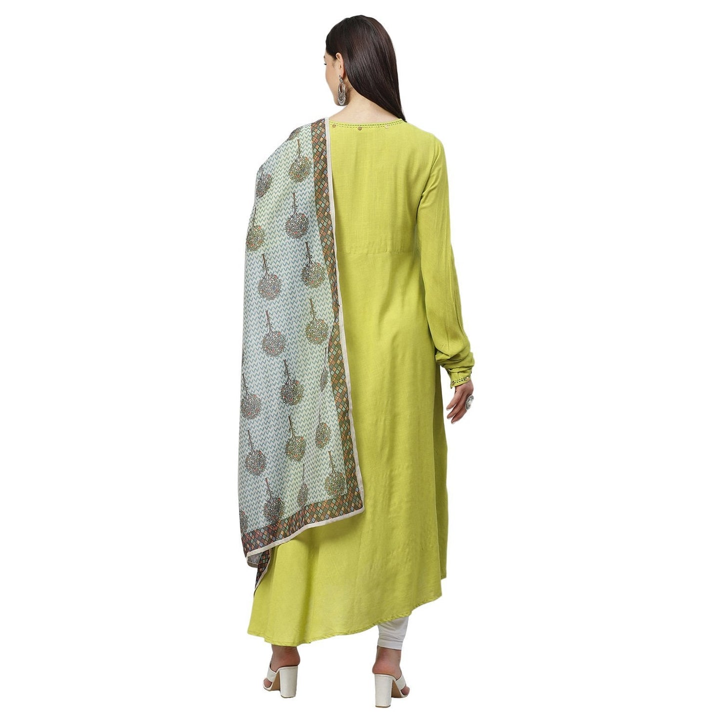 Women's Green Cotton Solid Full Sleeve Round Neck Casual Anarkali Kurta With Dupatta