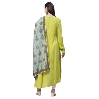 Women's Green Cotton Solid Full Sleeve Round Neck Casual Anarkali Kurta With Dupatta