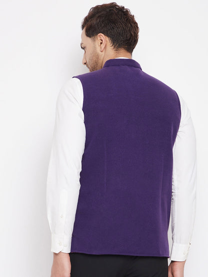 Men's Purple Color Nehru Jacket-Contrast Lining-Inbuilt Pocket Square