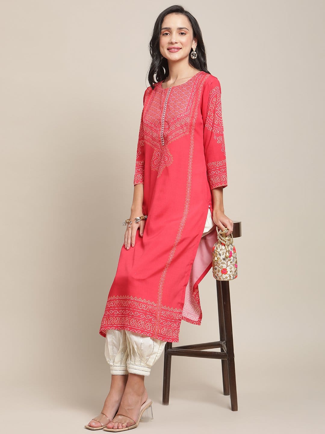 Women's Red And Mustard Printed Kurta With Gota Work On Yoke