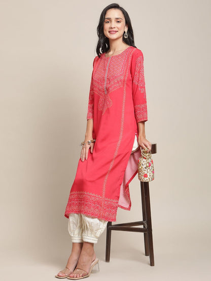 Women's Red And Mustard Printed Kurta With Gota Work On Yoke