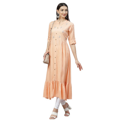 Women's Peach Rayon Embroidered 3/4 Sleeve Collar Casual Kurta Only