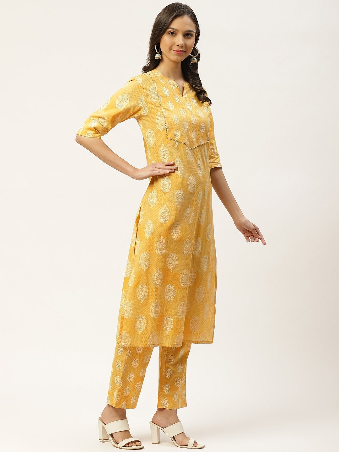 Women's Yellow & White Ethnic Hand Printed Cotton Kurta with Trousers & Dupatta