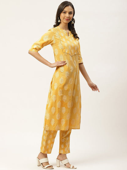 Women's Yellow & White Ethnic Hand Printed Cotton Kurta with Trousers & Dupatta