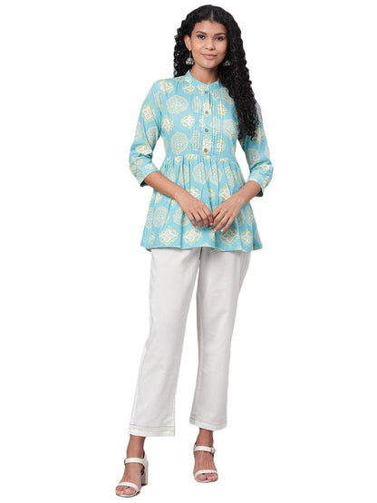 Women's Green Printed 3/4 Sleeve Coller Neck Cotton Casual Top