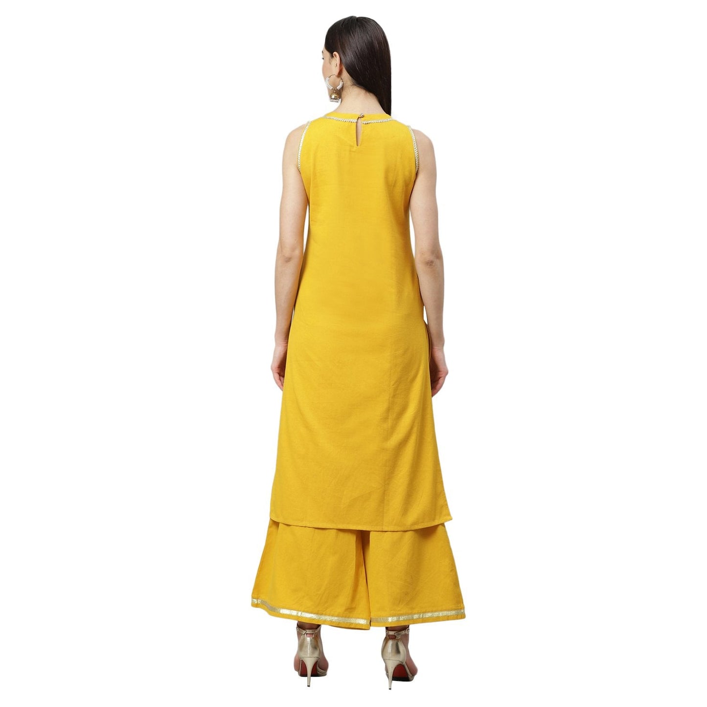 Women's Mustrd Cotton Solid Sleeveless Round Neck Casual Kurta Palazzo Set