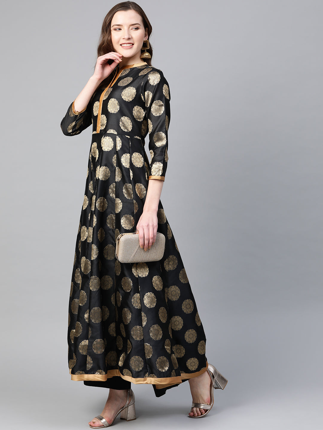 Women's Â Black And Golden Ethnic Motifs Printed Brocade Raw Silk Anarkali Kurta