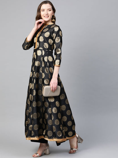 Women's Â Black And Golden Ethnic Motifs Printed Brocade Raw Silk Anarkali Kurta