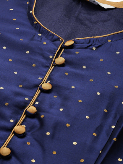 Women's Navy Blue And Golden Woven Design Anarkali Kurta,