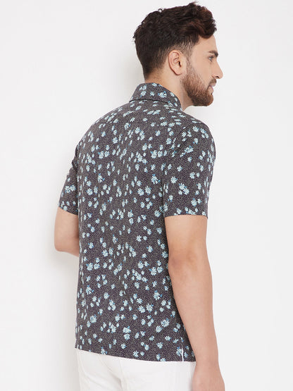 Men's Black & Aqua Floral Cuban Collar Shirt