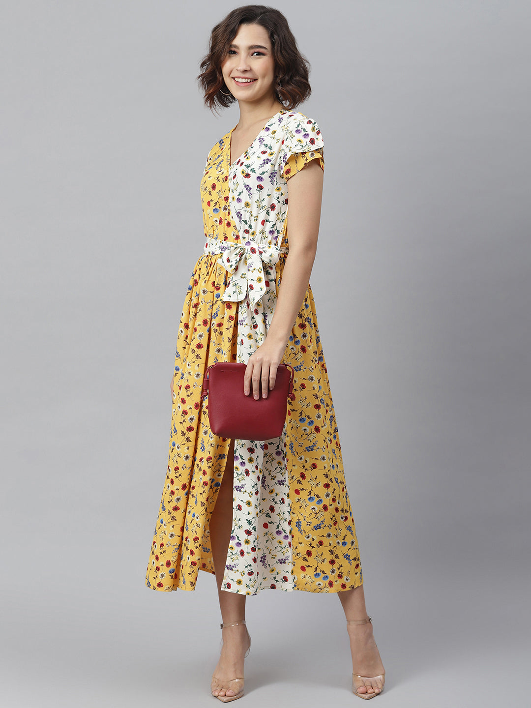 Women's Yellow & White Printed Wrap Dress with Contrast panel