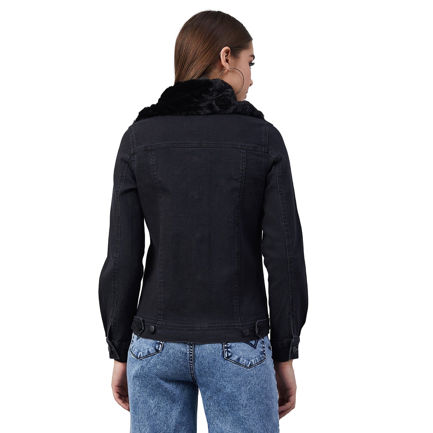 Women's Black Denim Jacket with Detachable Black Fur Collar