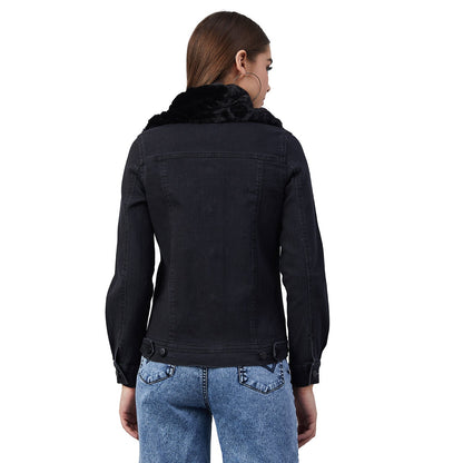 Women's Black Denim Jacket with Detachable Black Fur Collar