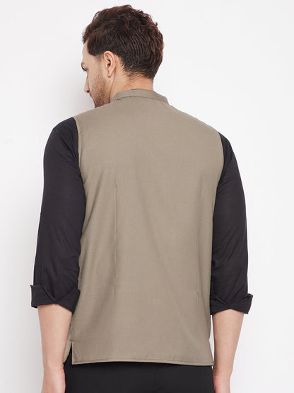 Men's Beige Color Woven Nehru Jacket