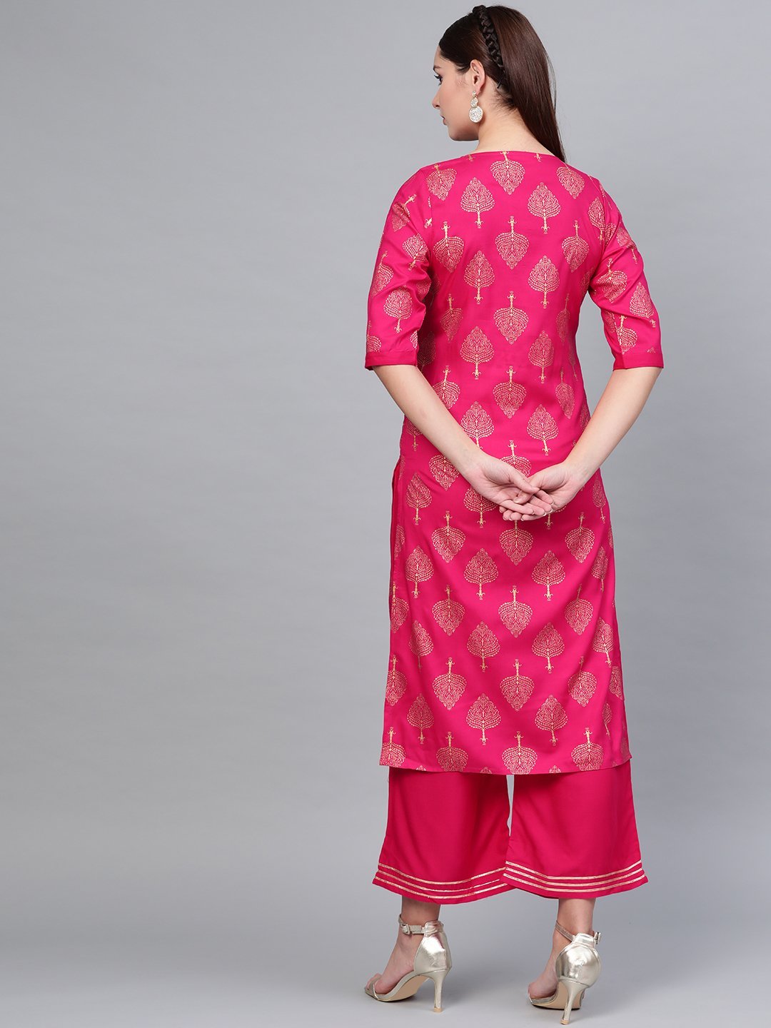 Women Pink Cotton Printed Kurta Palazzo Set by Myshka (