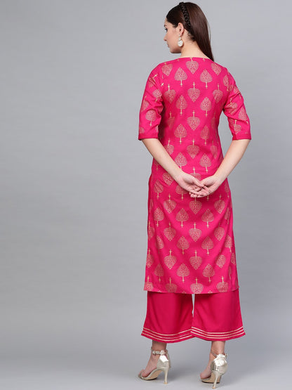 Women Pink Cotton Printed Kurta Palazzo Set by Myshka (