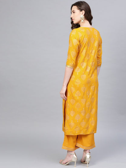 Women's Yellow Cotton Printed Half Sleeve Round Neck Casual Kurta Palazzo Set