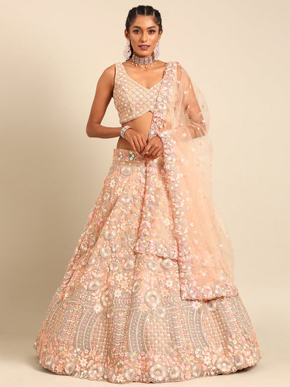 Women 's Peach Net Multi Sequins with heavy Zarkan embroidery Ready to Wear Lehenga choli & Dupatta
