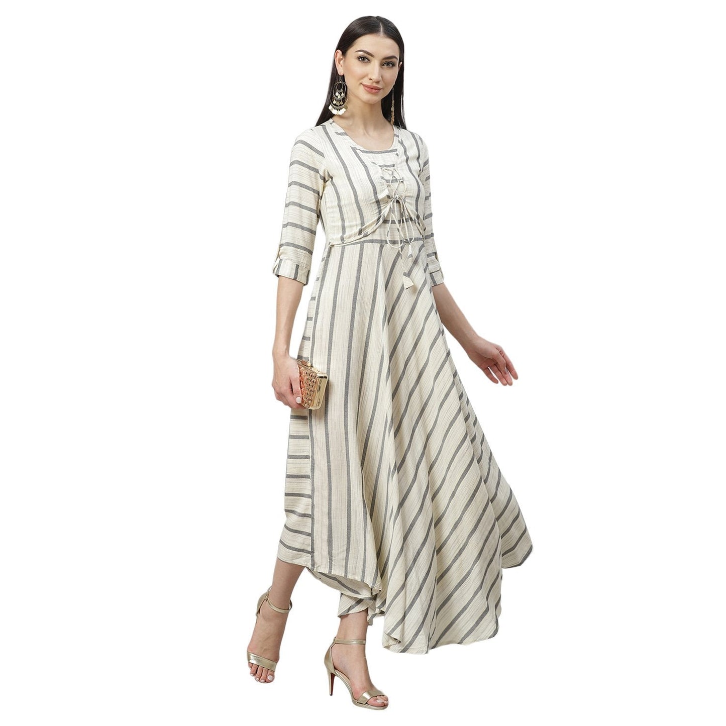 Women's Multicolor Rayon Printed 3/4 Sleeve Round Neck Casual Dress