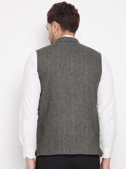 Men's Green Color Woven Nehru Jacket
