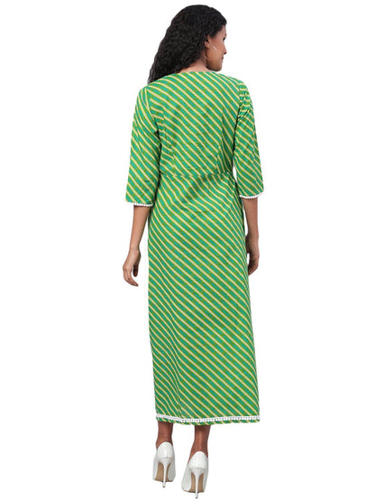 Women's Green Printed 3/4 Sleeve Cotton Round Neck Casual Dress