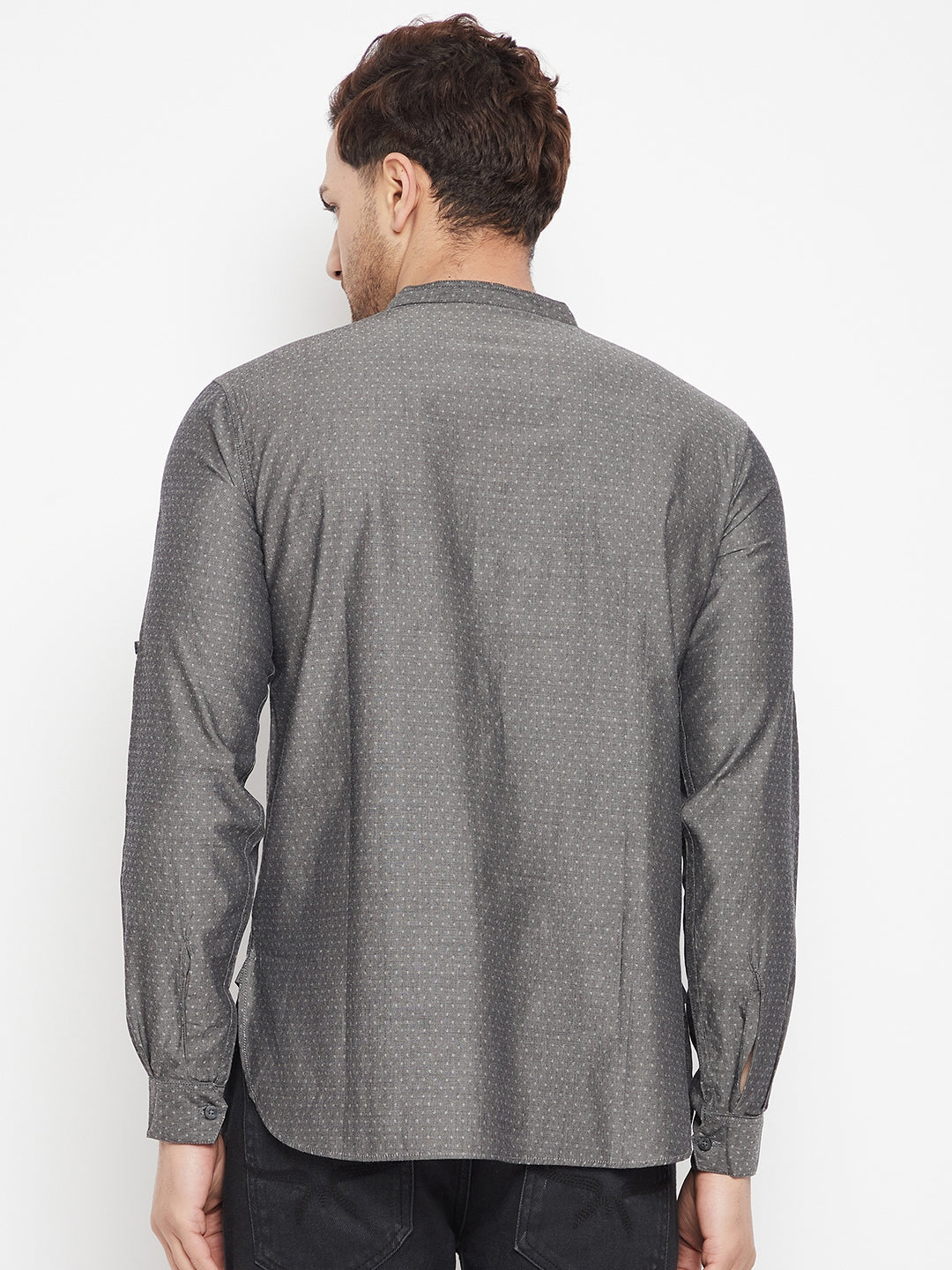 Men's Grey Color Short Kurta with Band Collar