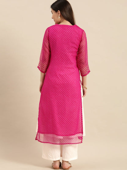Women's Pink Leheriya Printed Gota Patti Yoke Embroidery Layered Kurta