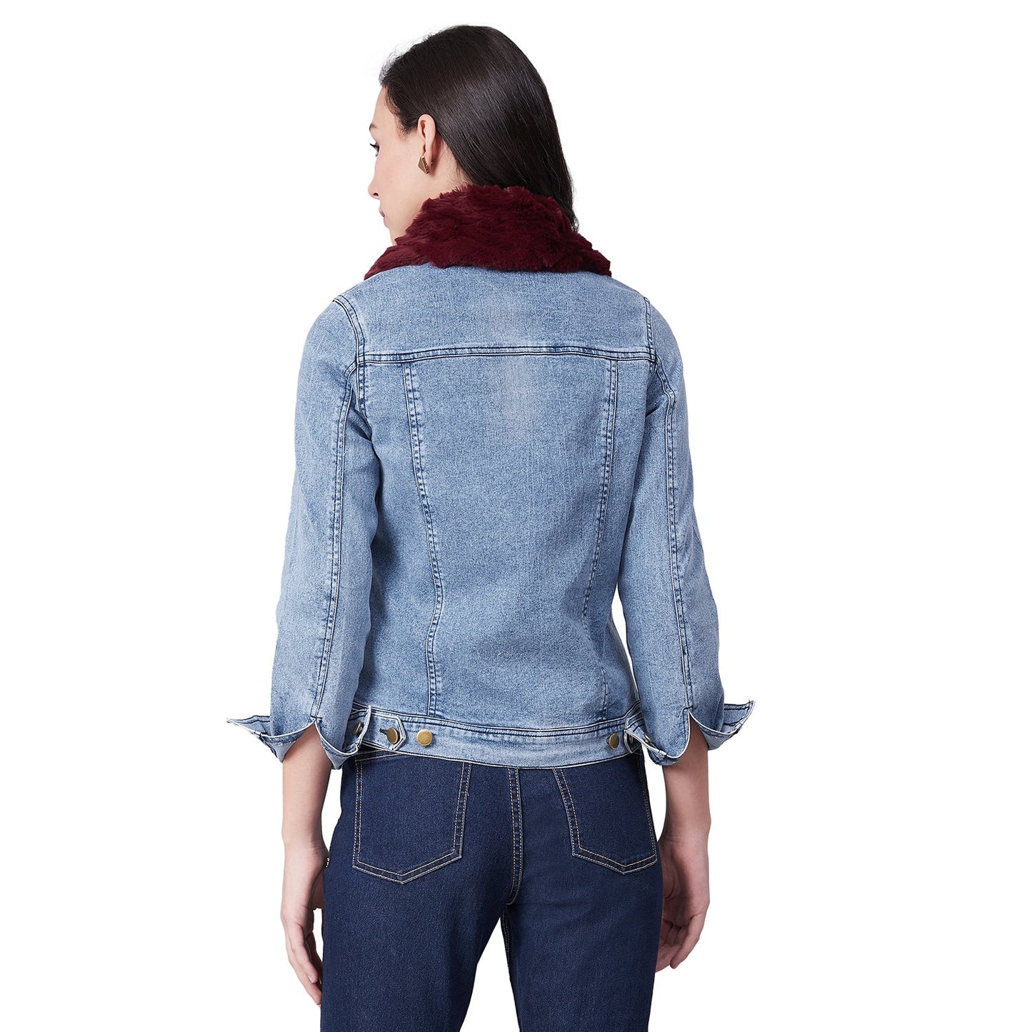 Women's Distressed Denim Jacket with Detachable Maroon Fur Collar
