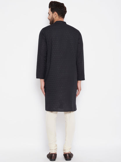 Men's Woven Design Black Straight Kurta