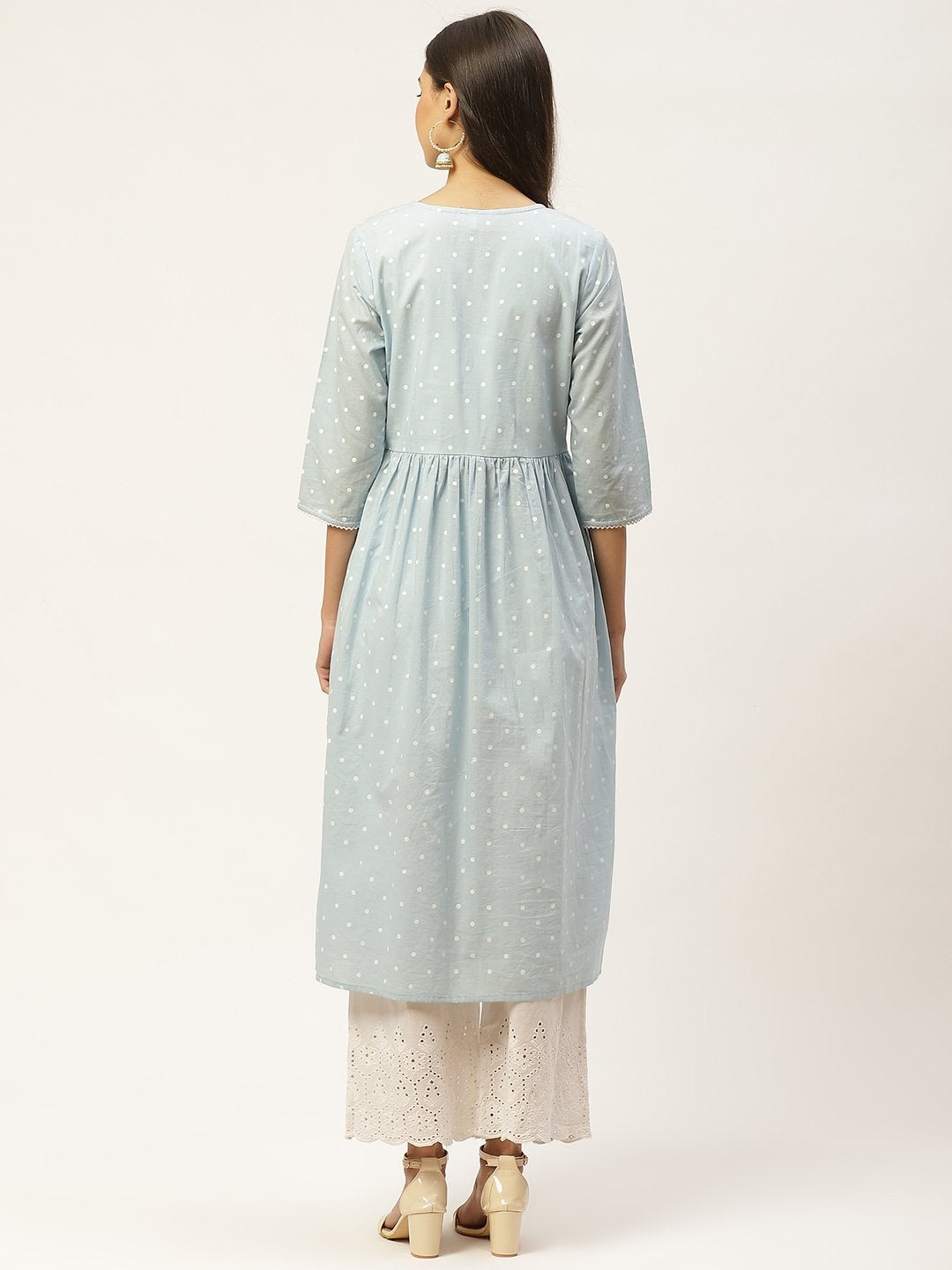 Women's Blue & White Polka Dot Hand Printed A-Line Pleated Cotton Kurta with Palazzos