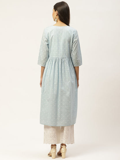 Women's Blue & White Polka Dot Hand Printed A-Line Pleated Cotton Kurta with Palazzos