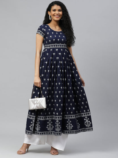 Women's Blue Silver Print Stylish Cotton Anarkali Kurta