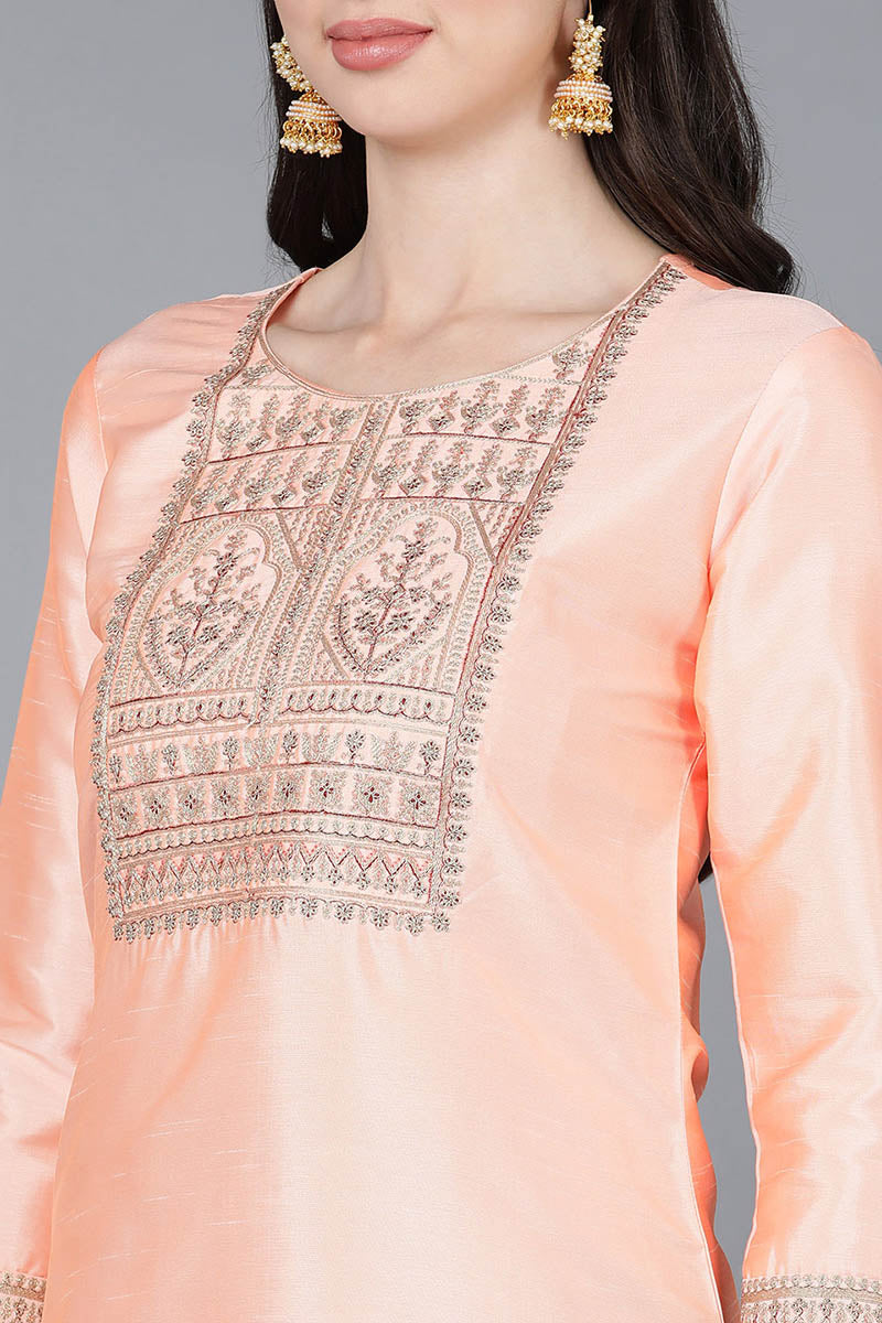 Women's Poly Silk Embroidered Kurta Pants With With Dupatta