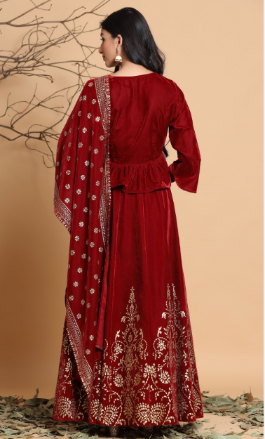 Women's Maroon Velvet Emboss Print Lehenga Choli Dupatta Set