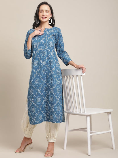 Women's KSUT Blue And White Bandhej Printed Kurta With 3/4Th Sleeves
