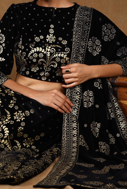 Women's Black Velvet Printed Lehenga Choli Dupatta Set
