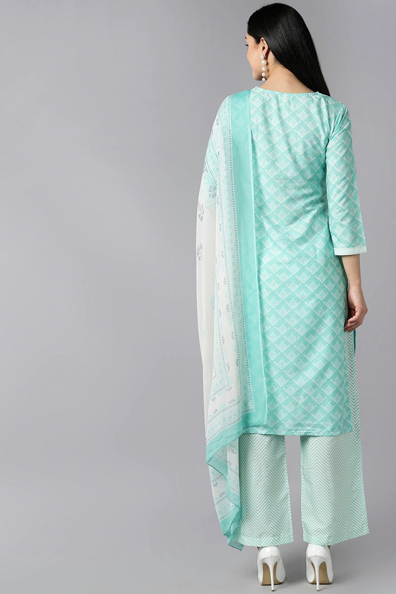 Women's Sea Green Ethnic Motifs Printed Regular Kurta With Palazzos With Dupatta