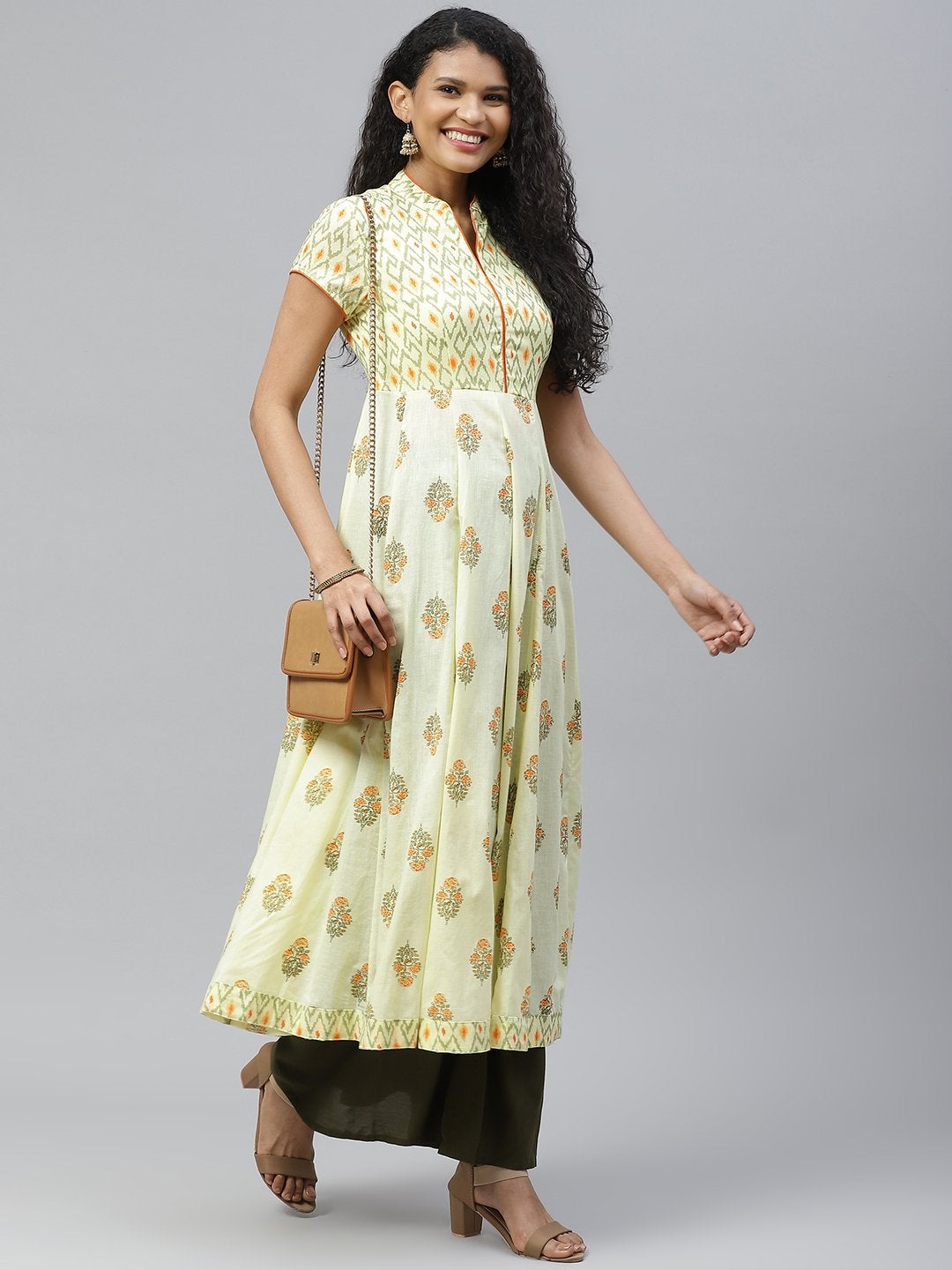 Women's Yellow Print Chinese Neck Cotton Anarkali Kurta