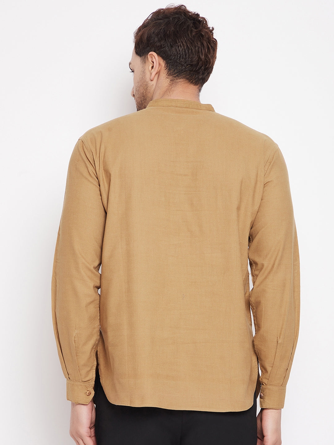 Men's Beige Color Short Kurta with Band Collar
