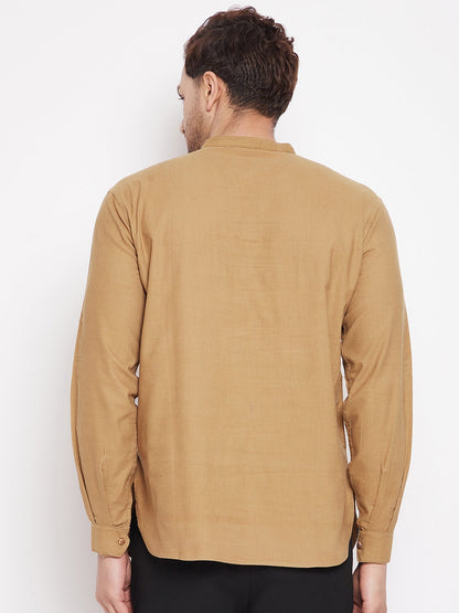 Men's Beige Color Short Kurta with Band Collar