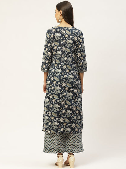 Women's Navy Blue & White Ethnic Motifs Hand Printed Cotton Kurta with Palazzos