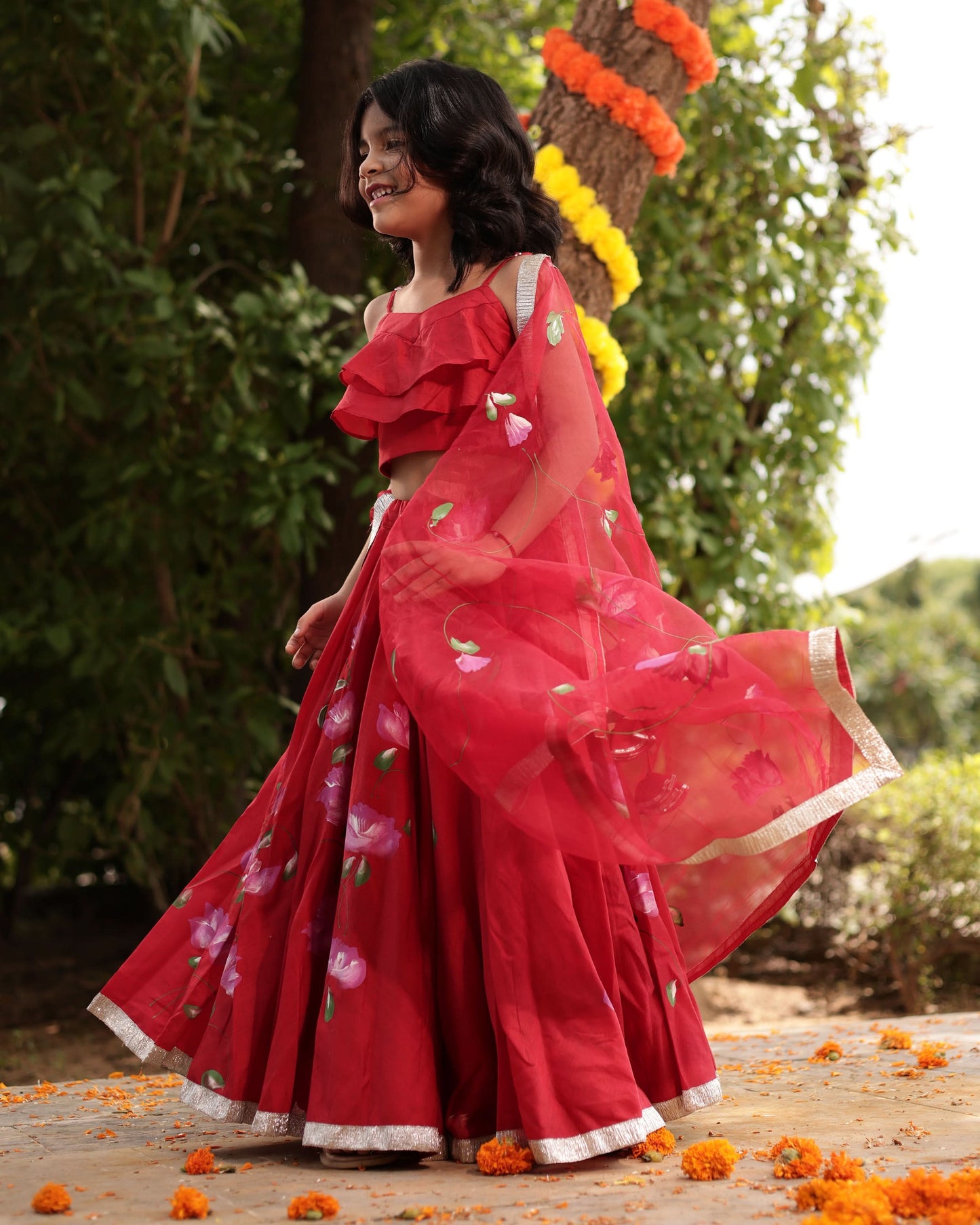 Girl's Tinsel Red Handpainted Chanderi Lehenga Set