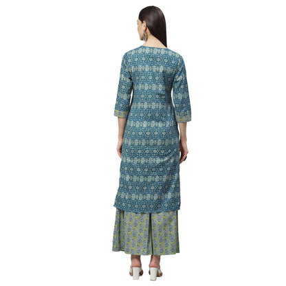 Women's Green Cotton Printed Sleeveless Round Neck Casual Kurta Pant Set