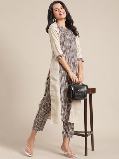 Women's KSUT Women Cream-Coloured Printed Kurta with Trousers