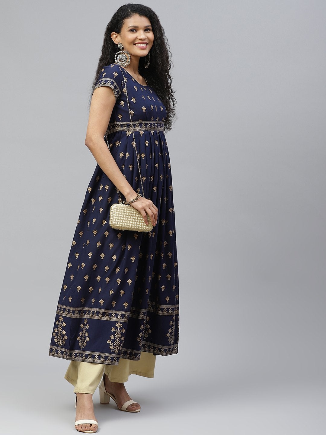 Women's Golden Print Blue Stylish Cotton Anarkali Kurta